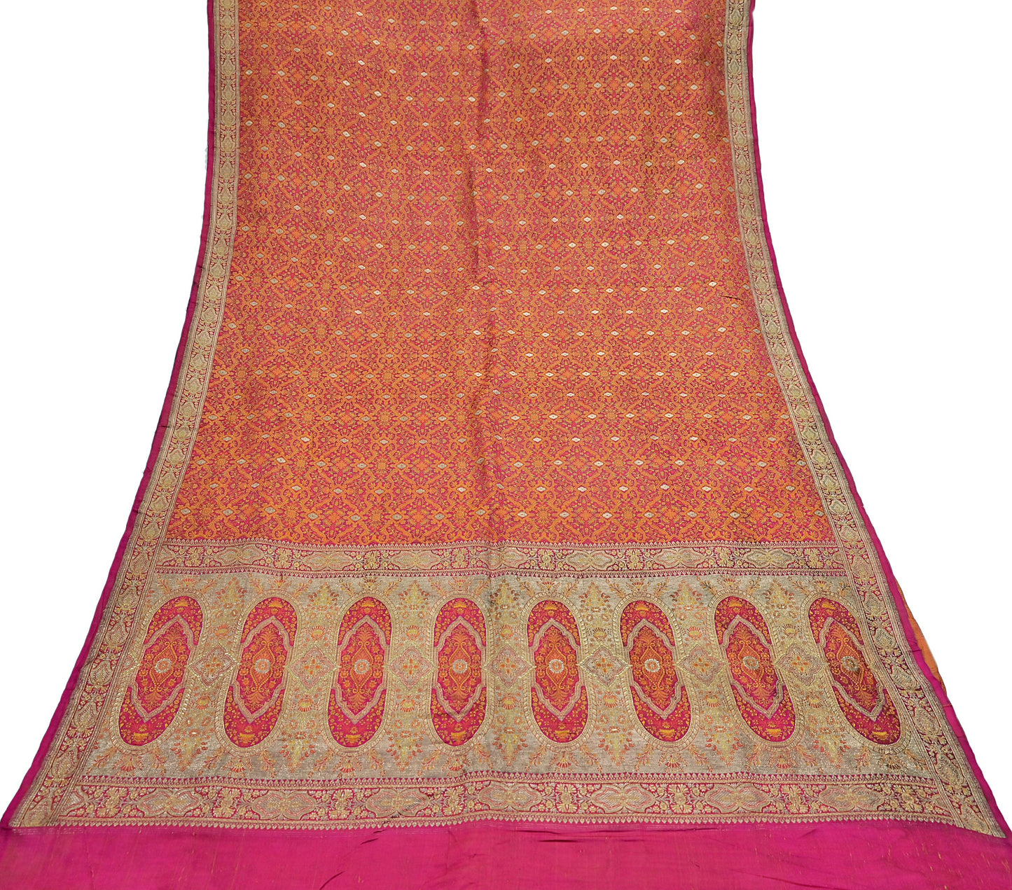 Indian Vintage Rani Pink Banarasi Brocade Saree Heavy Wedding Sari in Pure Satin Silk Woven Zari Fabric for Crafting, Dressmaking