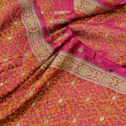 Indian Vintage Rani Pink Banarasi Brocade Saree Heavy Wedding Sari in Pure Satin Silk Woven Zari Fabric for Crafting, Dressmaking