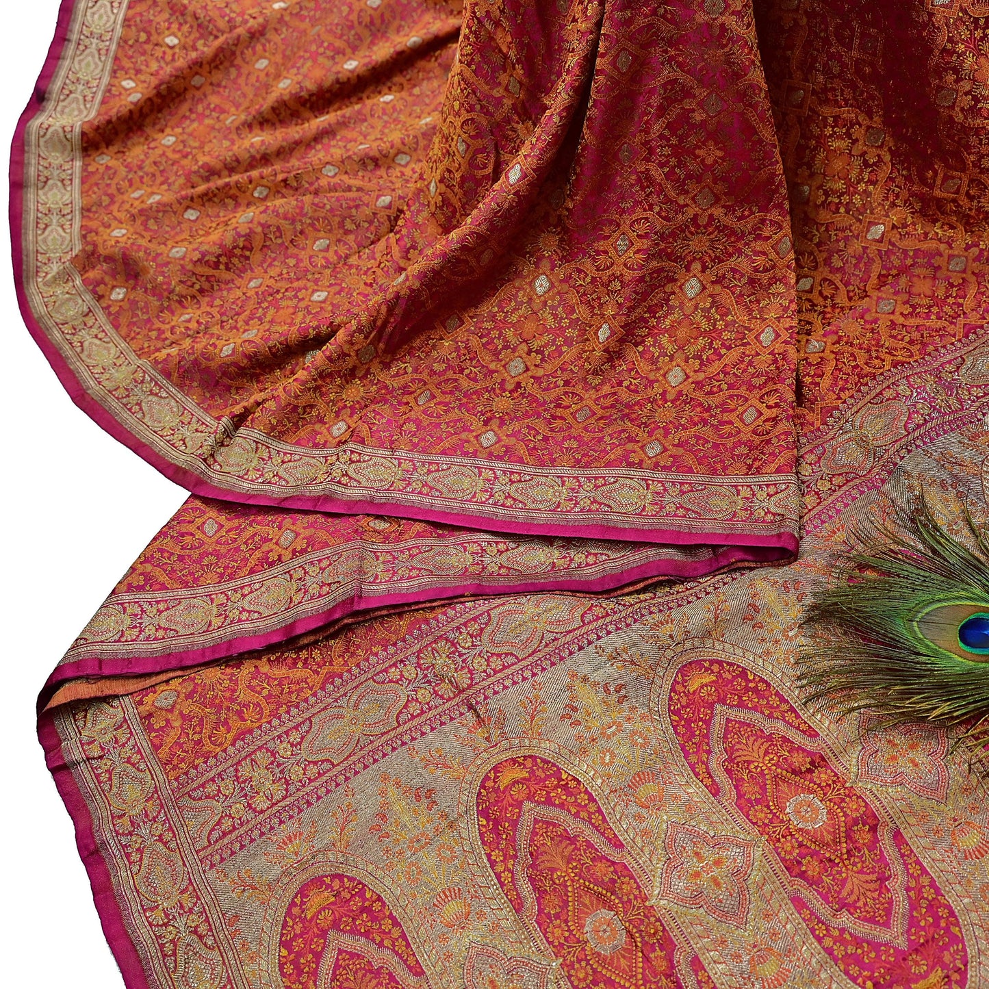 Indian Vintage Rani Pink Banarasi Brocade Saree Heavy Wedding Sari in Pure Satin Silk Woven Zari Fabric for Crafting, Dressmaking
