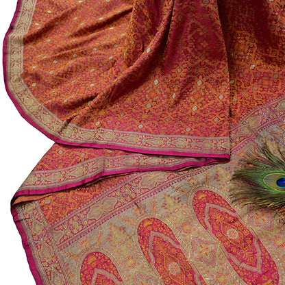 Indian Vintage Rani Pink Banarasi Brocade Saree Heavy Wedding Sari in Pure Satin Silk Woven Zari Fabric for Crafting, Dressmaking