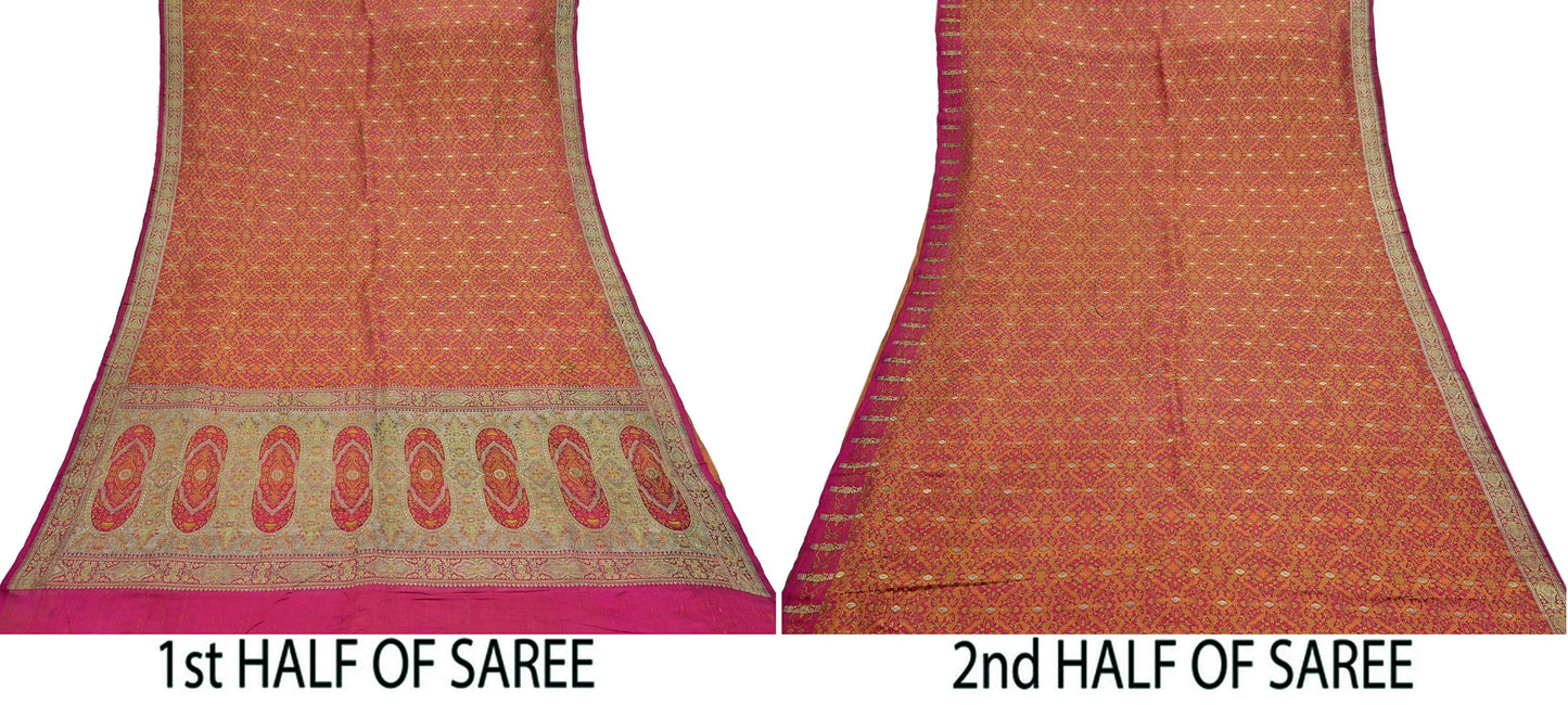 Indian Vintage Rani Pink Banarasi Brocade Saree Heavy Wedding Sari in Pure Satin Silk Woven Zari Fabric for Crafting, Dressmaking