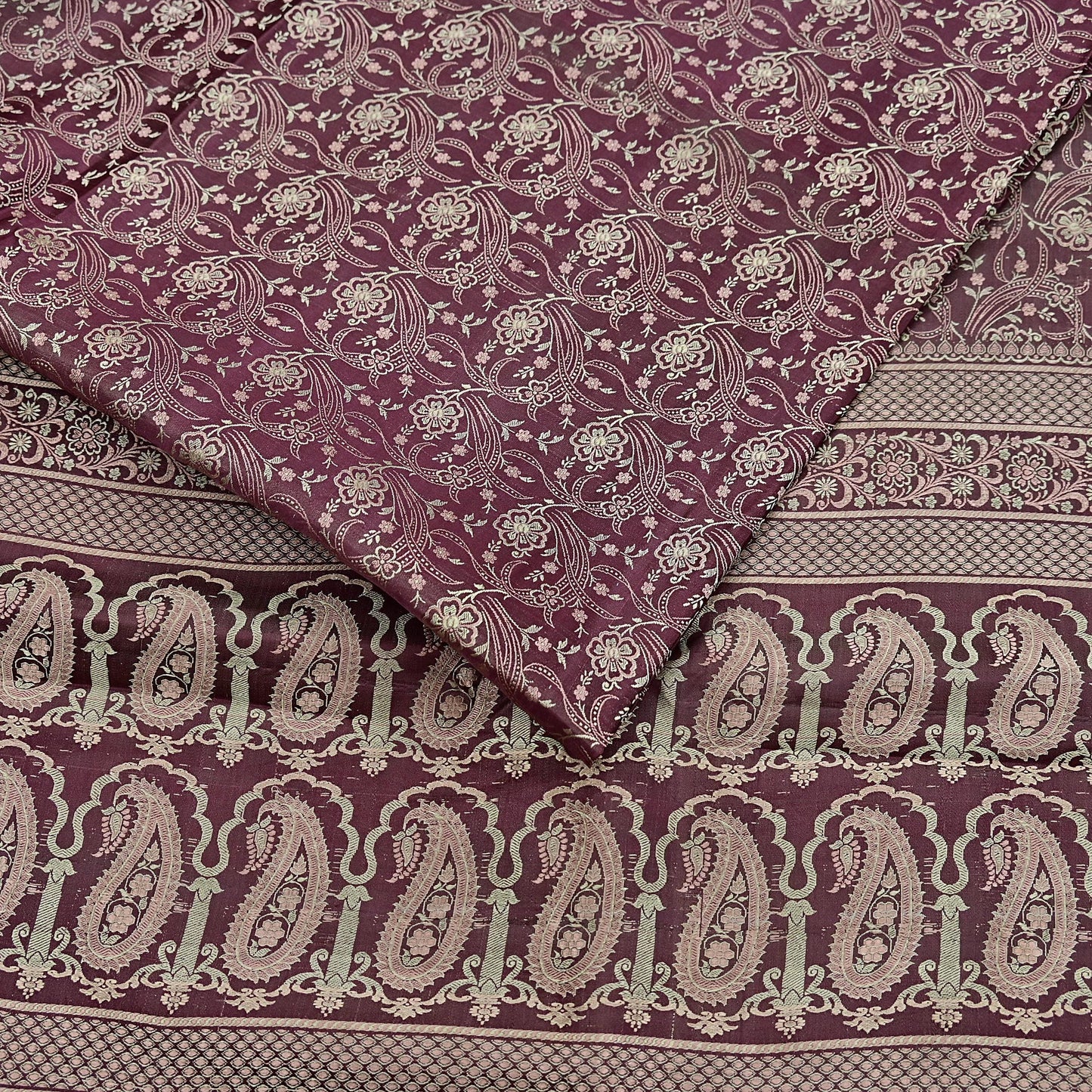 Vintage Brown Banarasi Silk Saree Pure Satin Silk Handwoven Tanchoi Fabric with Floral Weave 5 Yard Dressmaking Craft Material