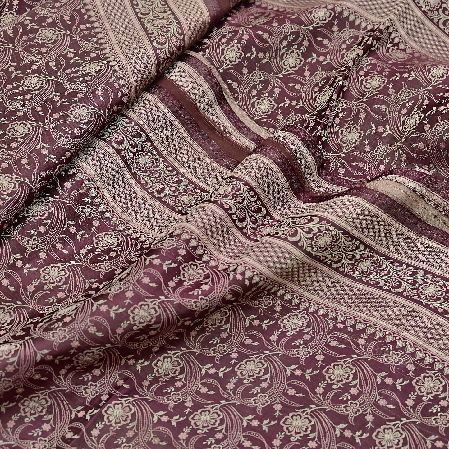 Vintage Brown Banarasi Silk Saree Pure Satin Silk Handwoven Tanchoi Fabric with Floral Weave 5 Yard Dressmaking Craft Material