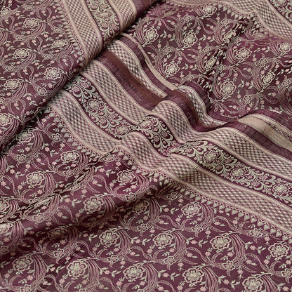 Vintage Brown Banarasi Silk Saree Pure Satin Silk Handwoven Tanchoi Fabric with Floral Weave 5 Yard Dressmaking Craft Material