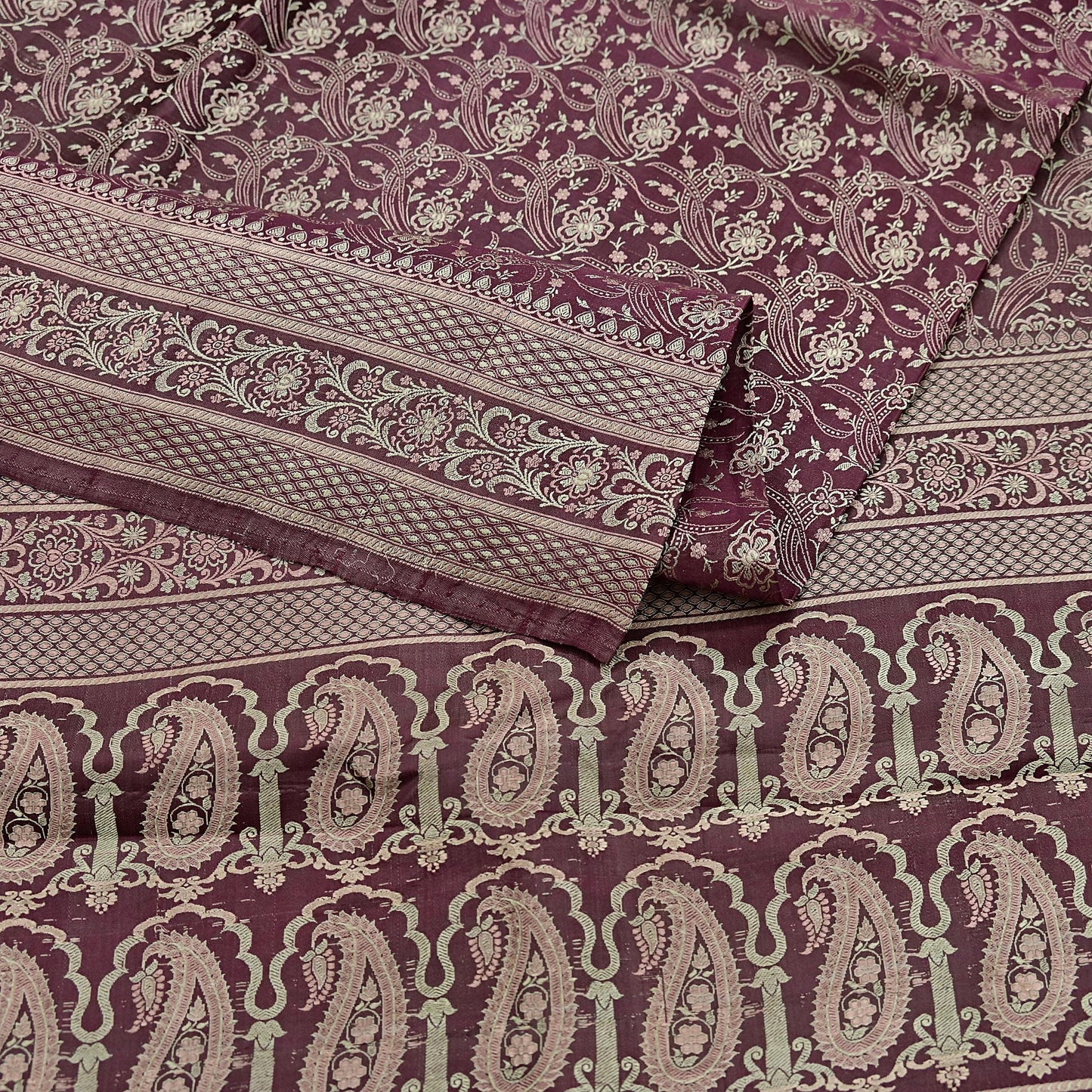 Vintage Brown Banarasi Silk Saree Pure Satin Silk Handwoven Tanchoi Fabric with Floral Weave 5 Yard Dressmaking Craft Material