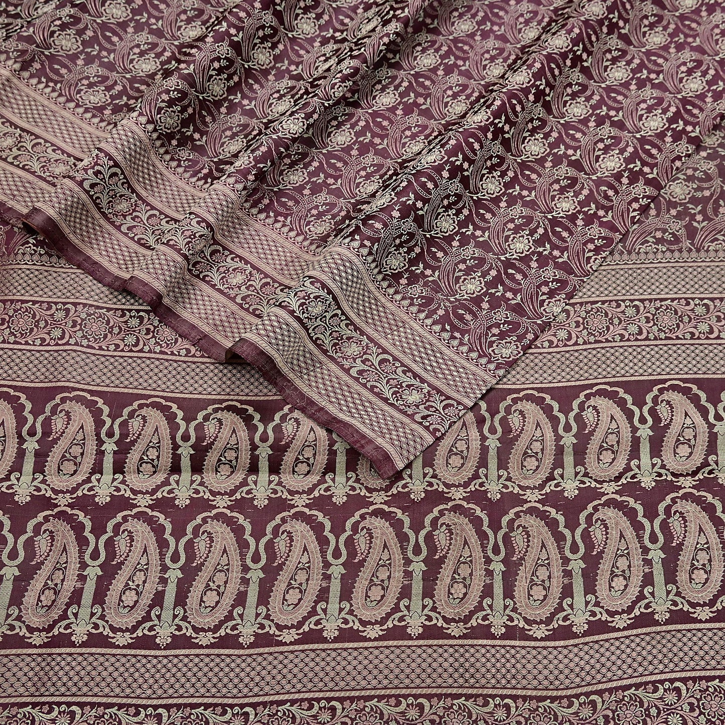 Vintage Brown Banarasi Silk Saree Pure Satin Silk Handwoven Tanchoi Fabric with Floral Weave 5 Yard Dressmaking Craft Material