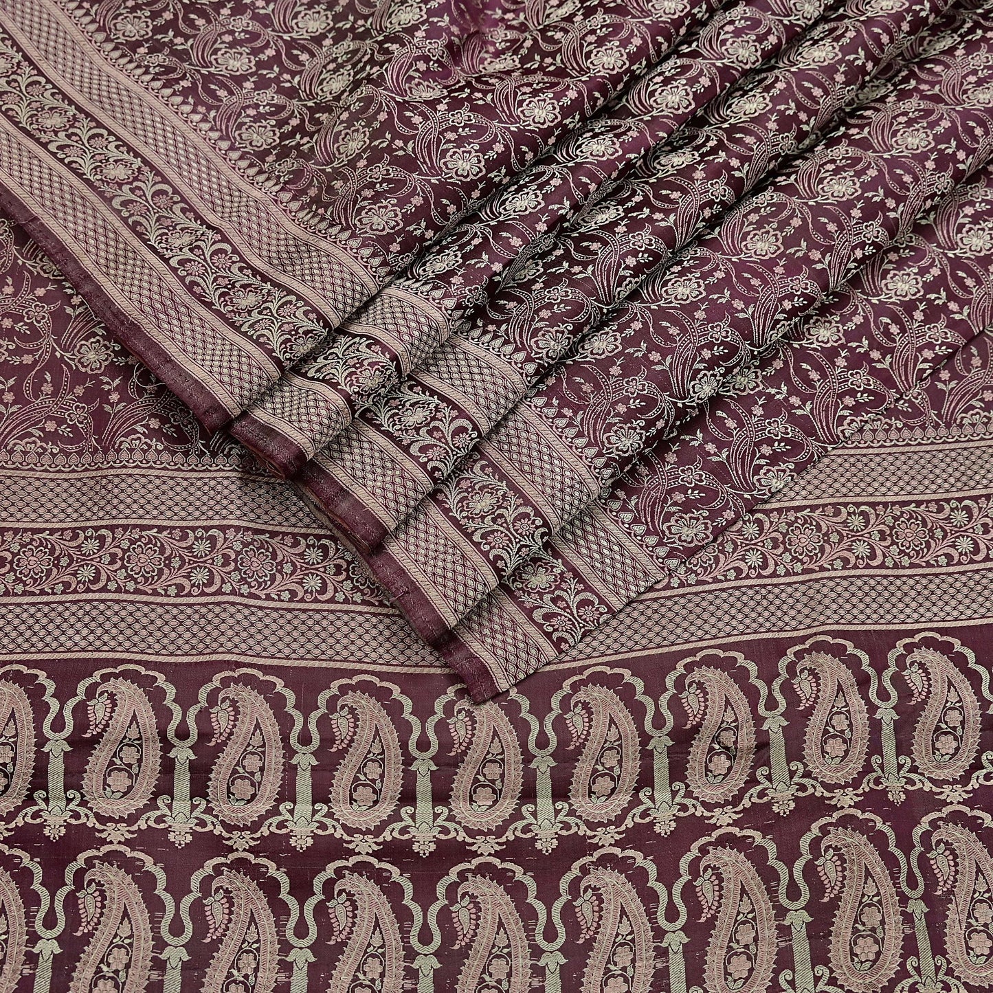Vintage Brown Banarasi Silk Saree Pure Satin Silk Handwoven Tanchoi Fabric with Floral Weave 5 Yard Dressmaking Craft Material