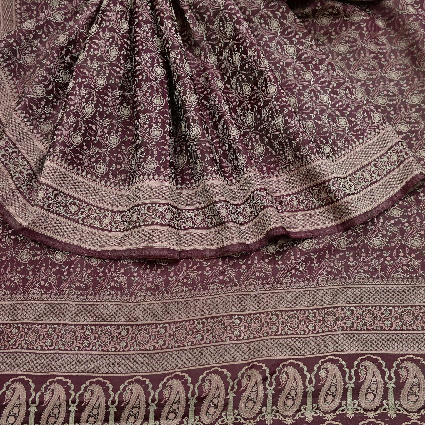 Vintage Brown Banarasi Silk Saree Pure Satin Silk Handwoven Tanchoi Fabric with Floral Weave 5 Yard Dressmaking Craft Material