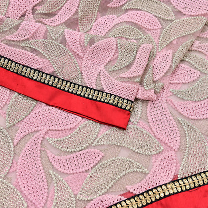 Indian Vintage Heavy Dupatta Pink Net Mesh Long Stole Hand Embroidered Scarves Zardozi/Dabka Zari Sequins Wedding Hijab Veil