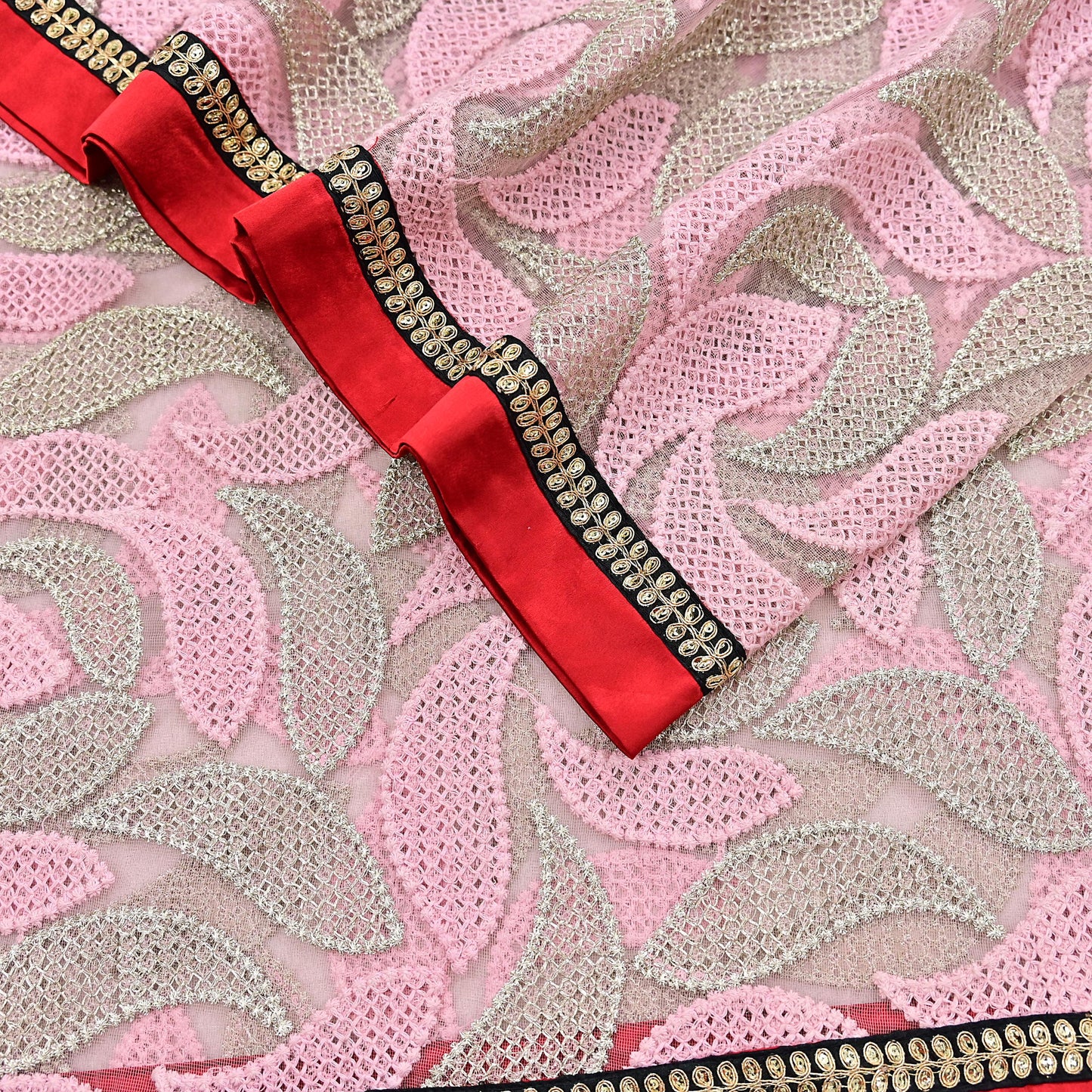 Indian Vintage Heavy Dupatta Pink Net Mesh Long Stole Hand Embroidered Scarves Zardozi/Dabka Zari Sequins Wedding Hijab Veil