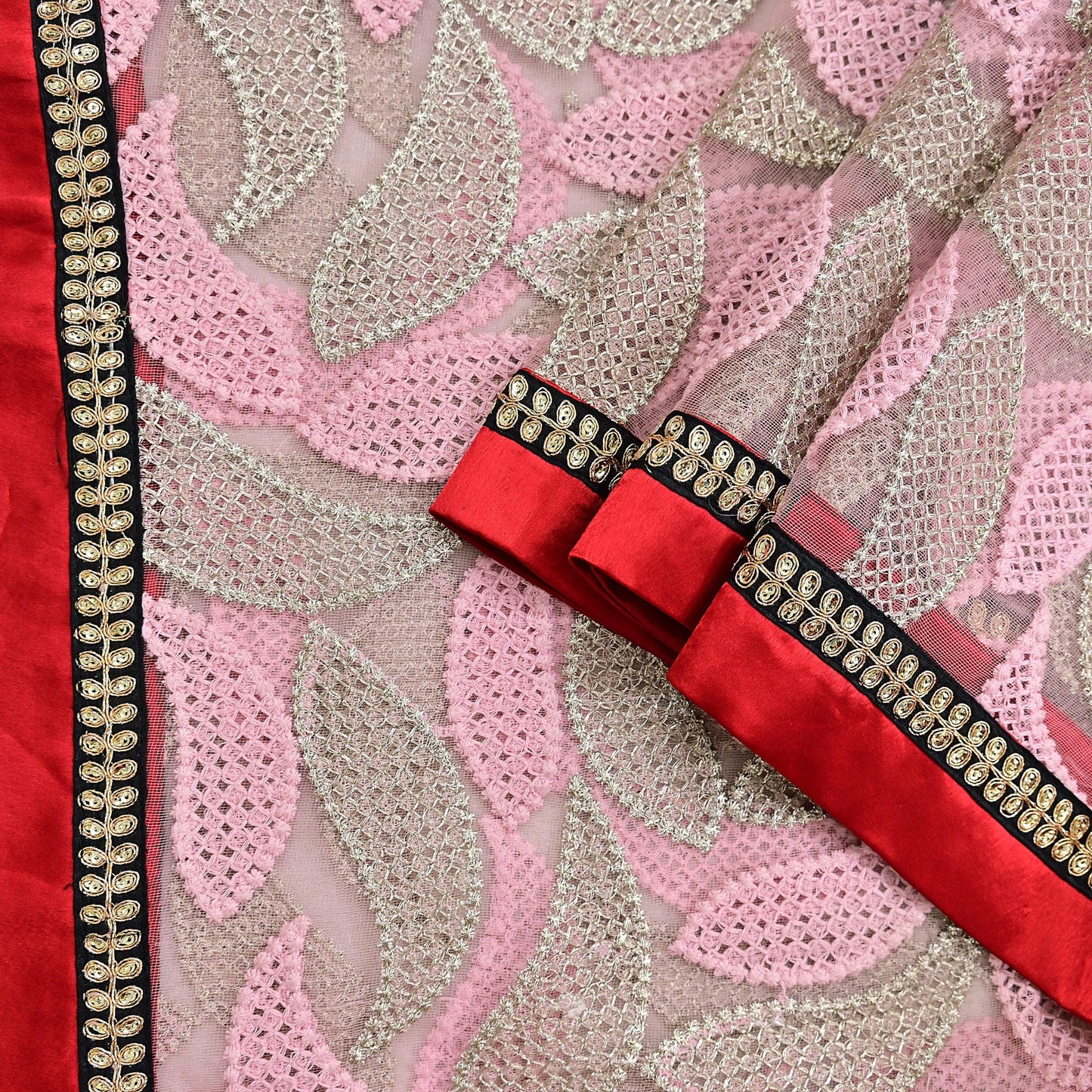 Indian Vintage Heavy Dupatta Pink Net Mesh Long Stole Hand Embroidered Scarves Zardozi/Dabka Zari Sequins Wedding Hijab Veil