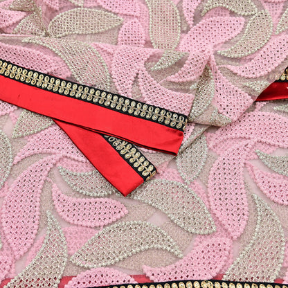 Indian Vintage Heavy Dupatta Pink Net Mesh Long Stole Hand Embroidered Scarves Zardozi/Dabka Zari Sequins Wedding Hijab Veil