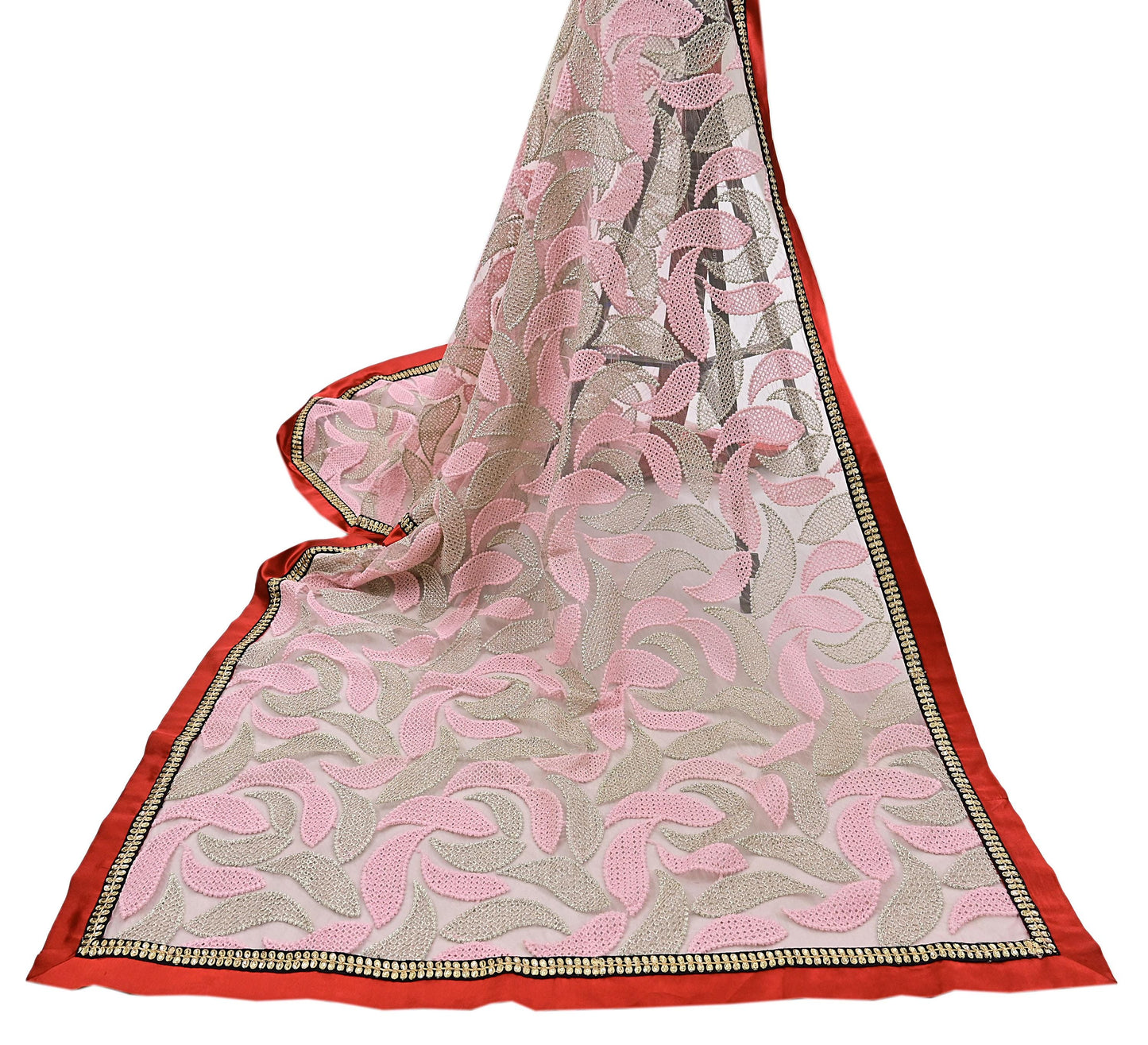 Indian Vintage Heavy Dupatta Pink Net Mesh Long Stole Hand Embroidered Scarves Zardozi/Dabka Zari Sequins Wedding Hijab Veil