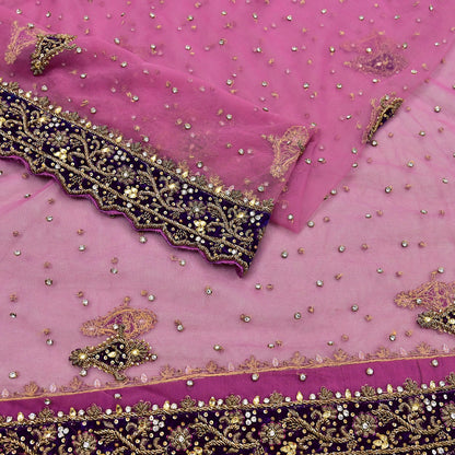 Indian Vintage Heavy Bridal Pink Dupatta Net Mesh Long Stole Hand Embroidered Scarves Golden Zardozi Dabka Zari Sequins Wedding Veil Hijab