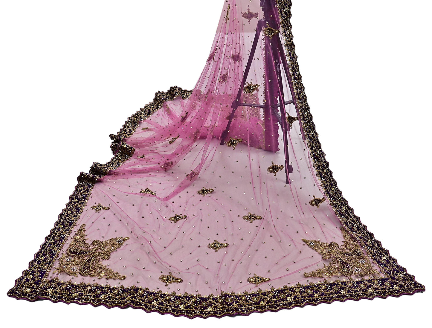 Indian Vintage Heavy Bridal Pink Dupatta Net Mesh Long Stole Hand Embroidered Scarves Golden Zardozi Dabka Zari Sequins Wedding Veil Hijab