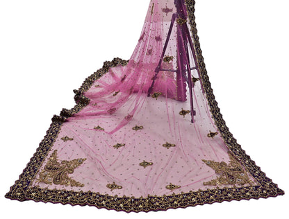 Indian Vintage Heavy Bridal Pink Dupatta Net Mesh Long Stole Hand Embroidered Scarves Golden Zardozi Dabka Zari Sequins Wedding Veil Hijab