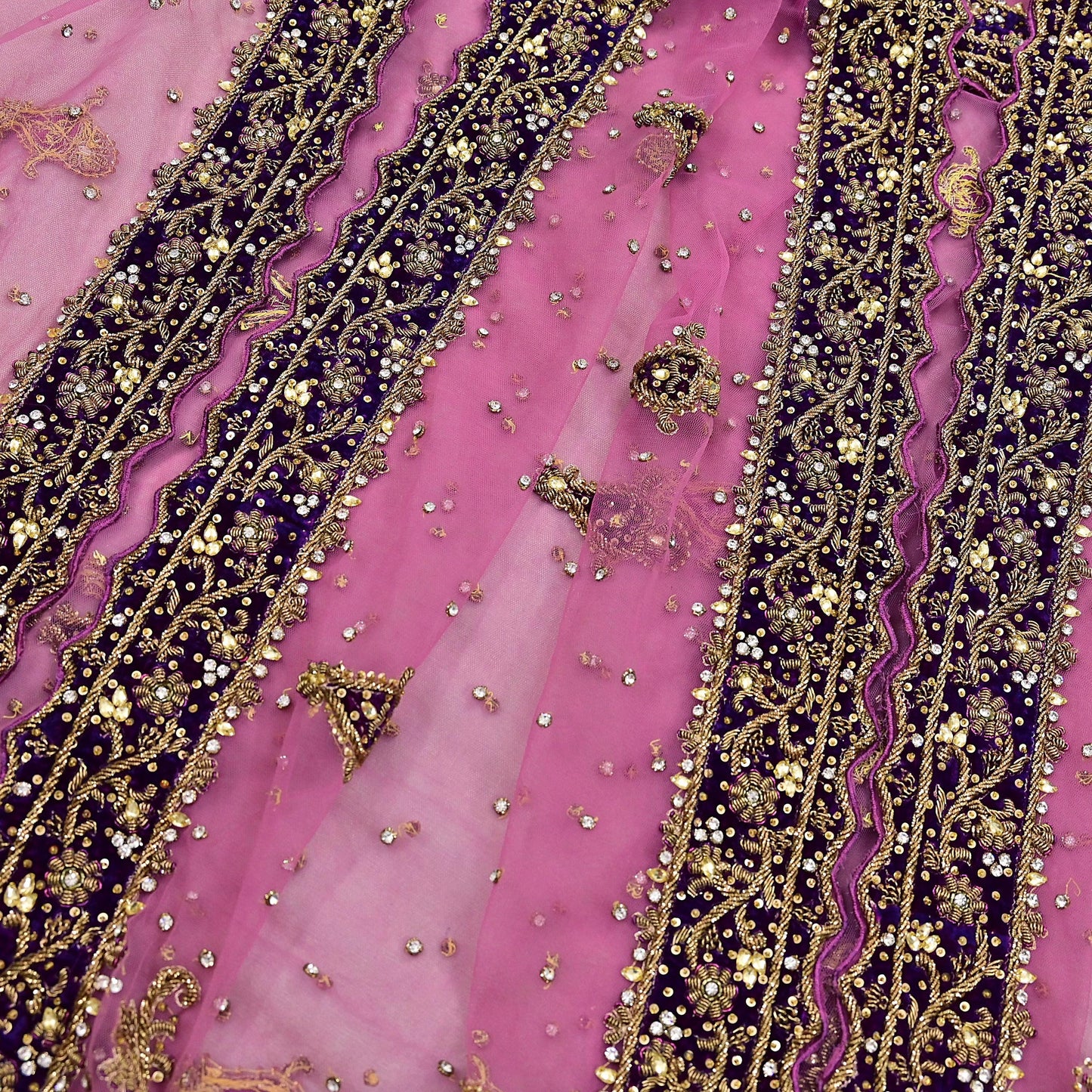 Indian Vintage Heavy Bridal Pink Dupatta Net Mesh Long Stole Hand Embroidered Scarves Golden Zardozi Dabka Zari Sequins Wedding Veil Hijab