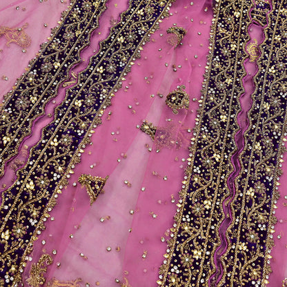 Indian Vintage Heavy Bridal Pink Dupatta Net Mesh Long Stole Hand Embroidered Scarves Golden Zardozi Dabka Zari Sequins Wedding Veil Hijab