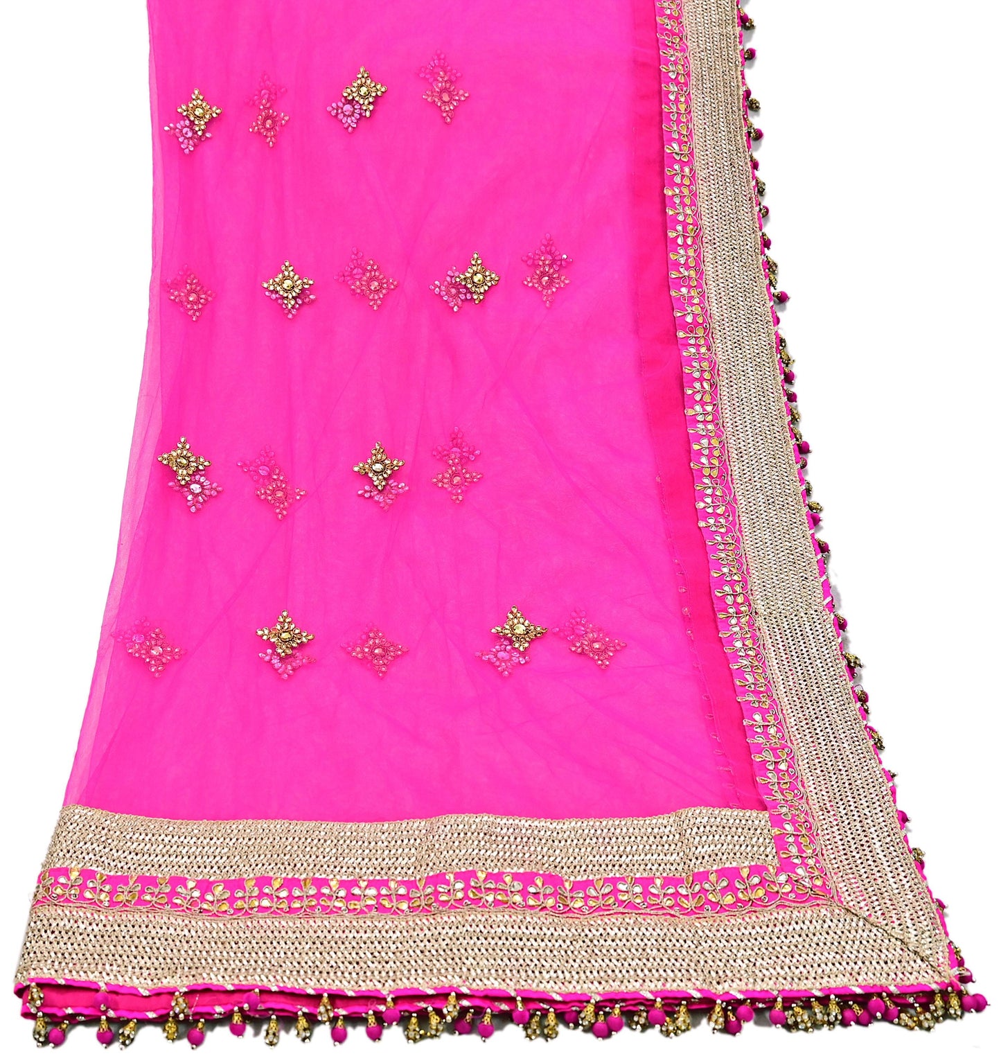 Indian Vintage Heavy Bridal Dupatta Magenta Net Mesh Long Stole Hand Embroidered Scarves Golden Gota Patti Wedding/Party Wear