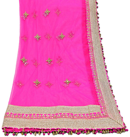 Indian Vintage Heavy Bridal Dupatta Magenta Net Mesh Long Stole Hand Embroidered Scarves Golden Gota Patti Wedding/Party Wear