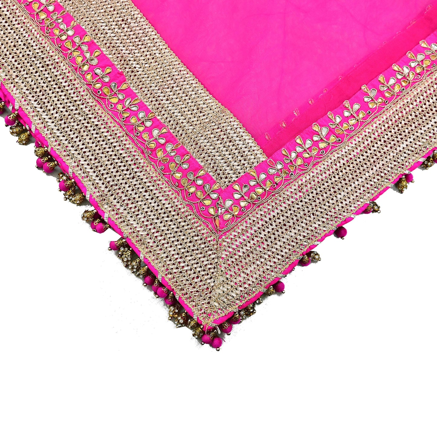 Indian Vintage Heavy Bridal Dupatta Magenta Net Mesh Long Stole Hand Embroidered Scarves Golden Gota Patti Wedding/Party Wear