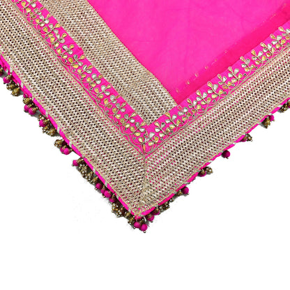 Indian Vintage Heavy Bridal Dupatta Magenta Net Mesh Long Stole Hand Embroidered Scarves Golden Gota Patti Wedding/Party Wear