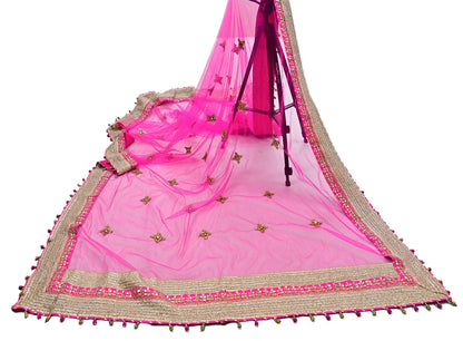 Indian Vintage Heavy Bridal Dupatta Magenta Net Mesh Long Stole Hand Embroidered Scarves Golden Gota Patti Wedding/Party Wear