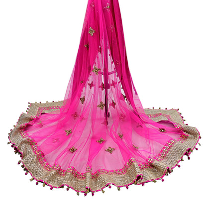 Indian Vintage Heavy Bridal Dupatta Magenta Net Mesh Long Stole Hand Embroidered Scarves Golden Gota Patti Wedding/Party Wear