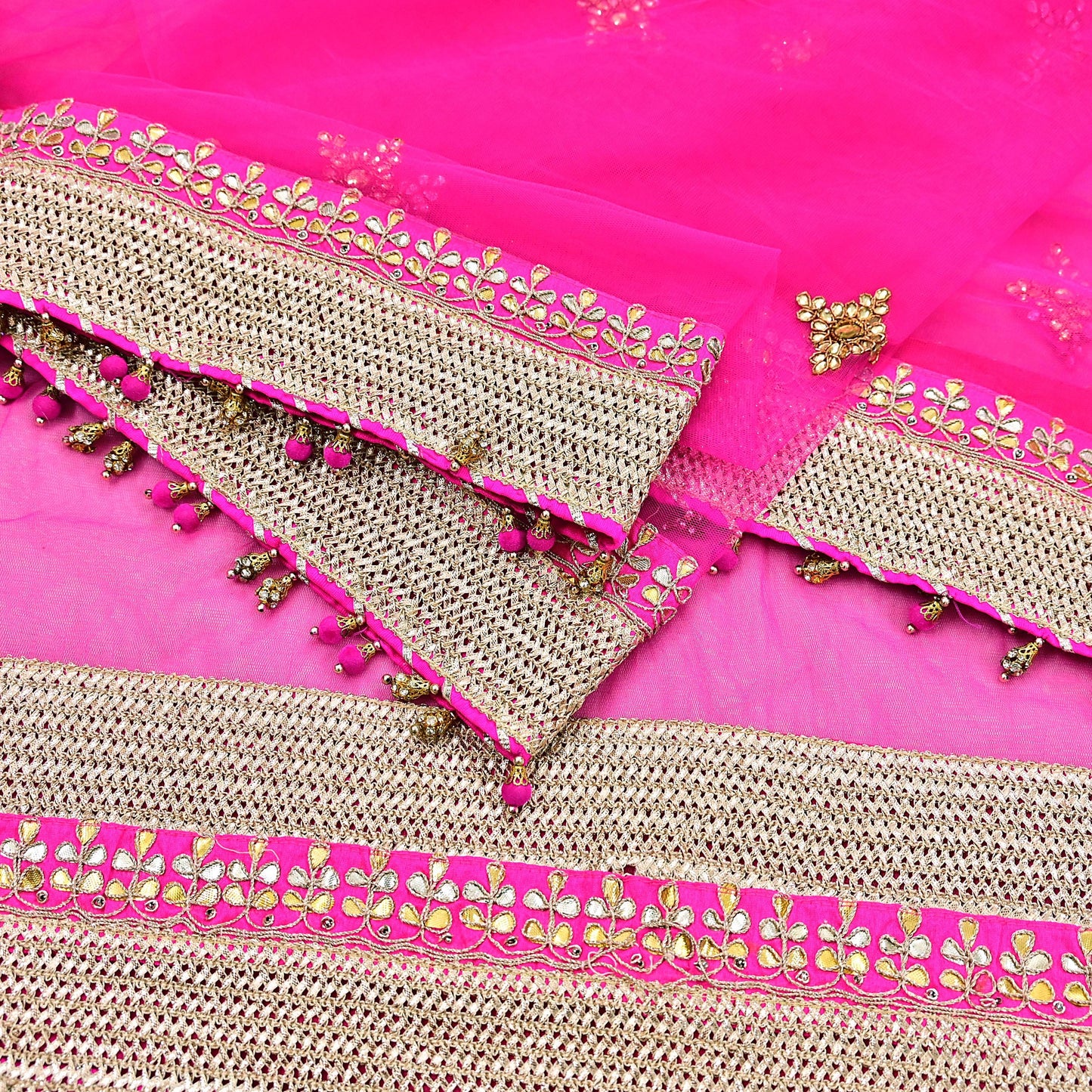 Indian Vintage Heavy Bridal Dupatta Magenta Net Mesh Long Stole Hand Embroidered Scarves Golden Gota Patti Wedding/Party Wear