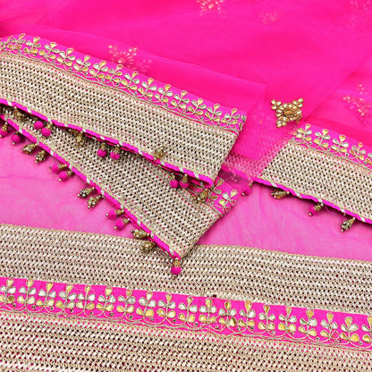 Indian Vintage Heavy Bridal Dupatta Magenta Net Mesh Long Stole Hand Embroidered Scarves Golden Gota Patti Wedding/Party Wear