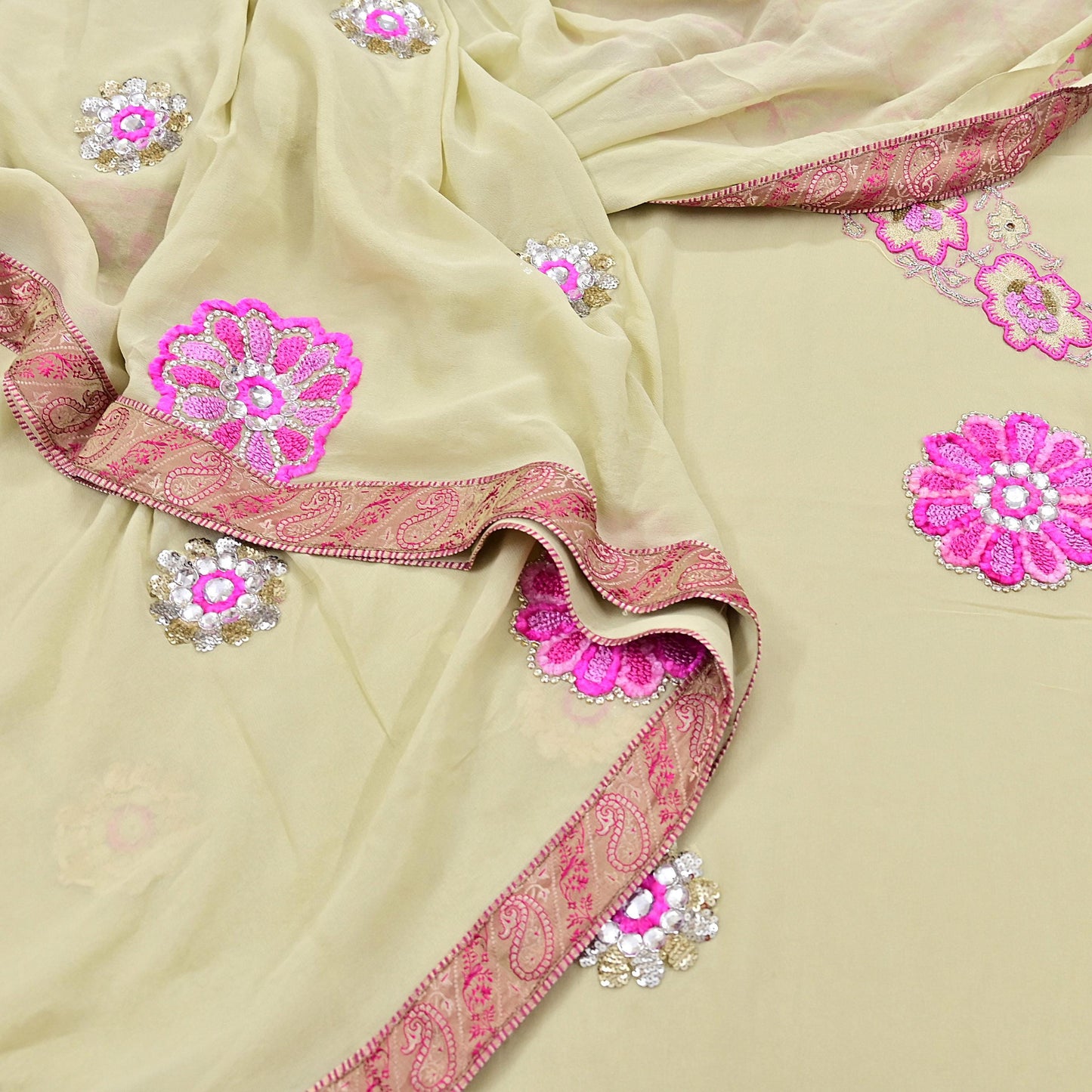 Indian Vintage Heavy Sari Ivory Pure Georgette Silk Hand Beaded Sarees Craft Fabric 5Yd Sewing Soft Ethnic Wedding Sarees Dress making