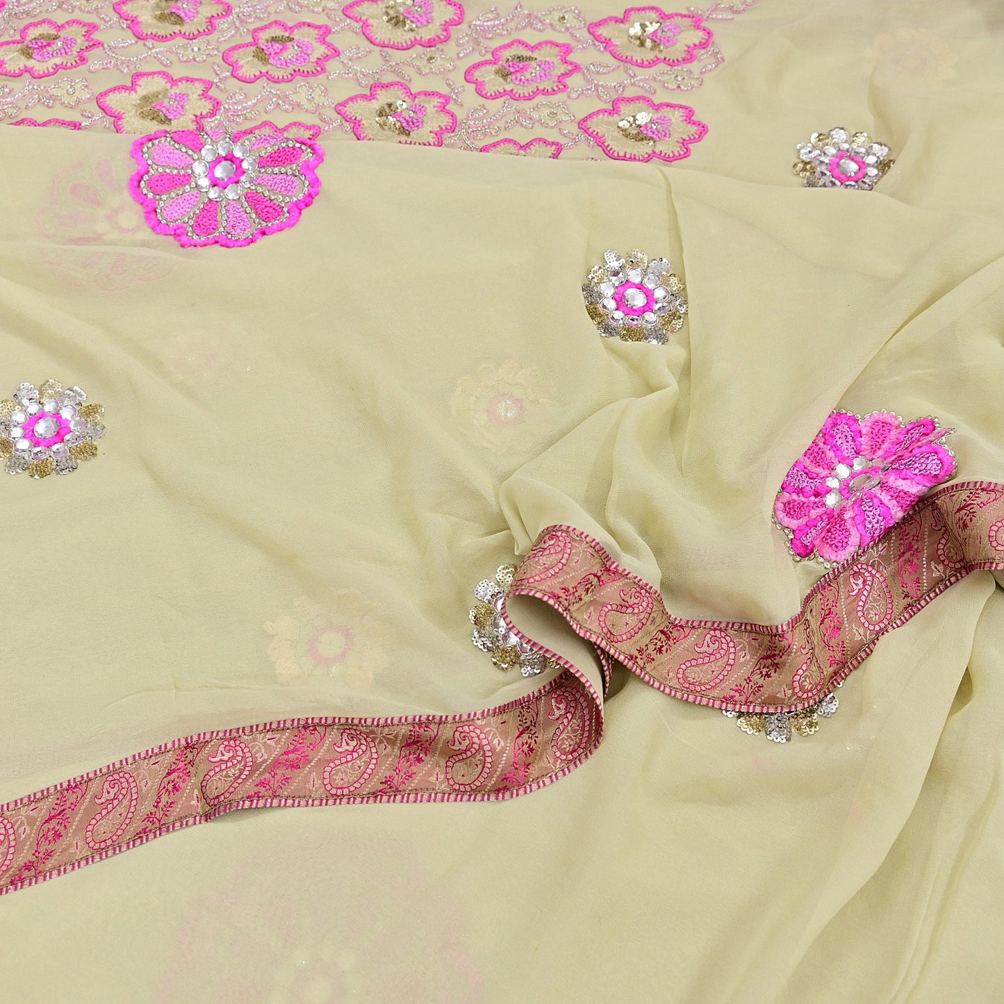 Indian Vintage Heavy Sari Ivory Pure Georgette Silk Hand Beaded Sarees Craft Fabric 5Yd Sewing Soft Ethnic Wedding Sarees Dress making