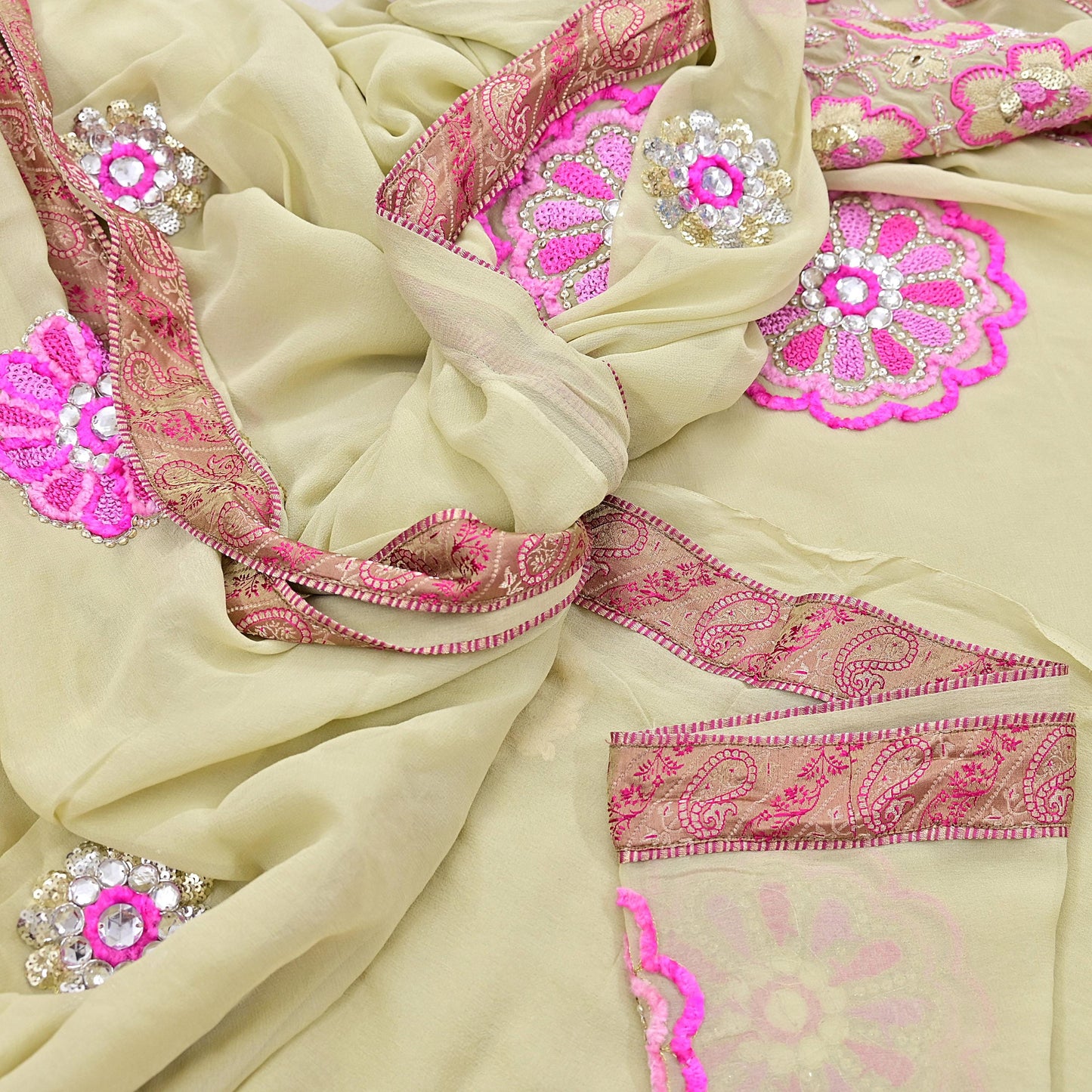 Indian Vintage Heavy Sari Ivory Pure Georgette Silk Hand Beaded Sarees Craft Fabric 5Yd Sewing Soft Ethnic Wedding Sarees Dress making