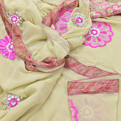 Indian Vintage Heavy Sari Ivory Pure Georgette Silk Hand Beaded Sarees Craft Fabric 5Yd Sewing Soft Ethnic Wedding Sarees Dress making