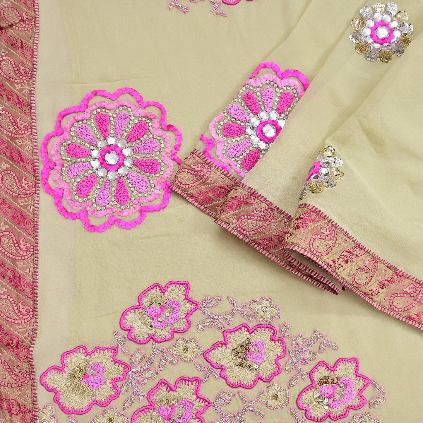 Indian Vintage Heavy Sari Ivory Pure Georgette Silk Hand Beaded Sarees Craft Fabric 5Yd Sewing Soft Ethnic Wedding Sarees Dress making