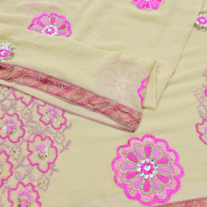Indian Vintage Heavy Sari Ivory Pure Georgette Silk Hand Beaded Sarees Craft Fabric 5Yd Sewing Soft Ethnic Wedding Sarees Dress making