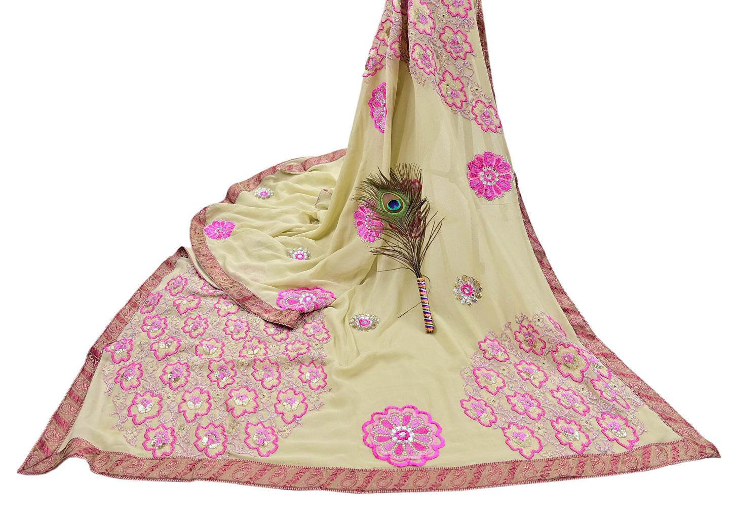 Indian Vintage Heavy Sari Ivory Pure Georgette Silk Hand Beaded Sarees Craft Fabric 5Yd Sewing Soft Ethnic Wedding Sarees Dress making