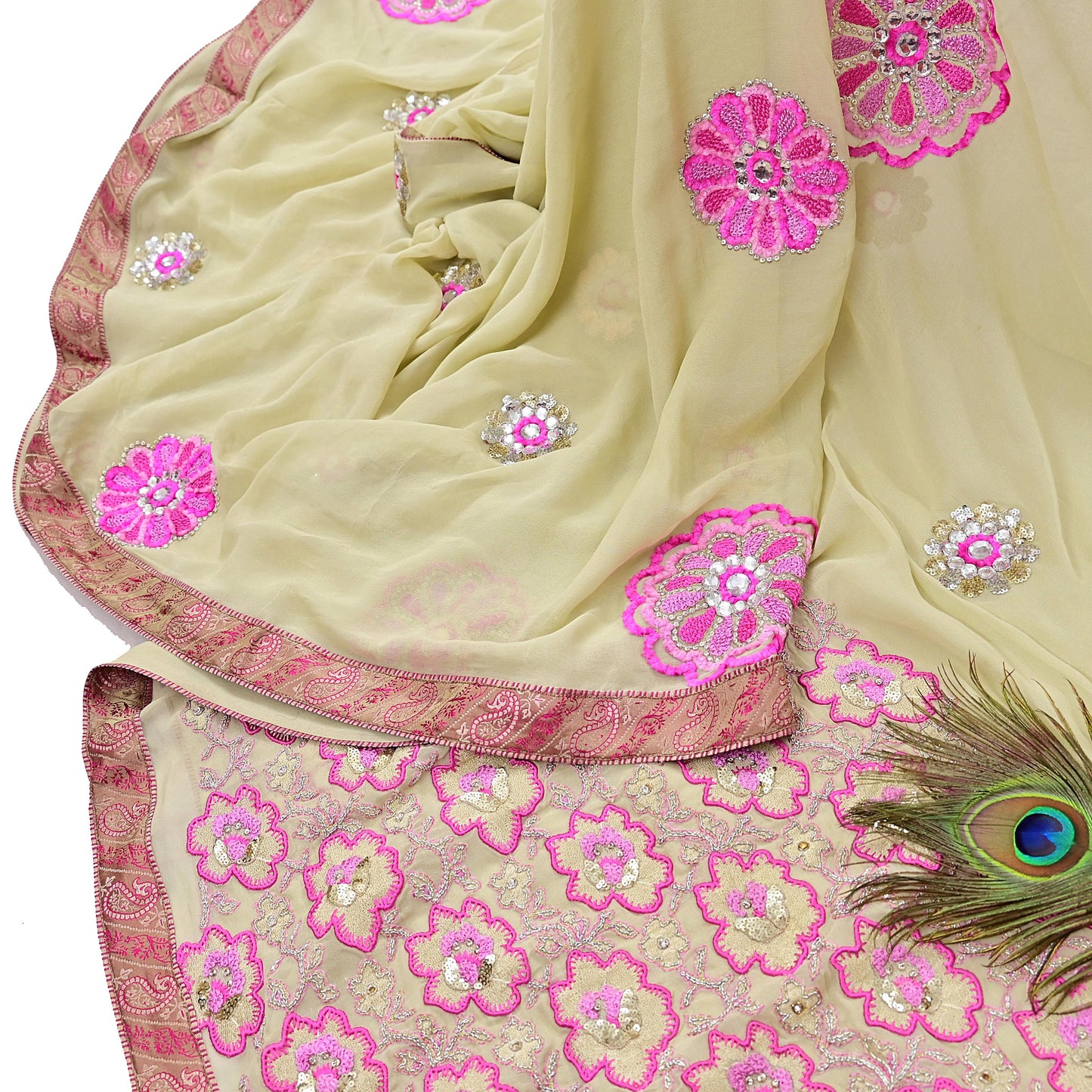 Indian Vintage Heavy Sari Ivory Pure Georgette Silk Hand Beaded Sarees Craft Fabric 5Yd Sewing Soft Ethnic Wedding Sarees Dress making