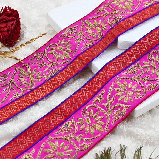 Indian Vintage Magenta & Red Sari Border 1Yd Hand Embroidered Dabka Lace Trim Sewing Craft Ribbon Dress Decor
