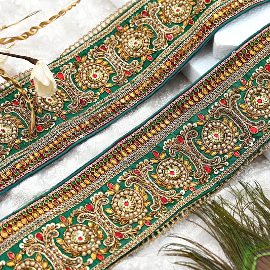 Indian Vintage Green Sari Border 1Yd Hand Embroidered Dabka Lace Trim Sewing Craft Ribbon Dress Decor