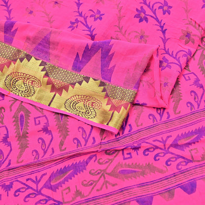 Indian Vintage Sari Pink Printed Pure Cotton Sarees Craft Fabric 5Yd Soft Sewing Sarong Wrap Boho Floral Quilting Dress making