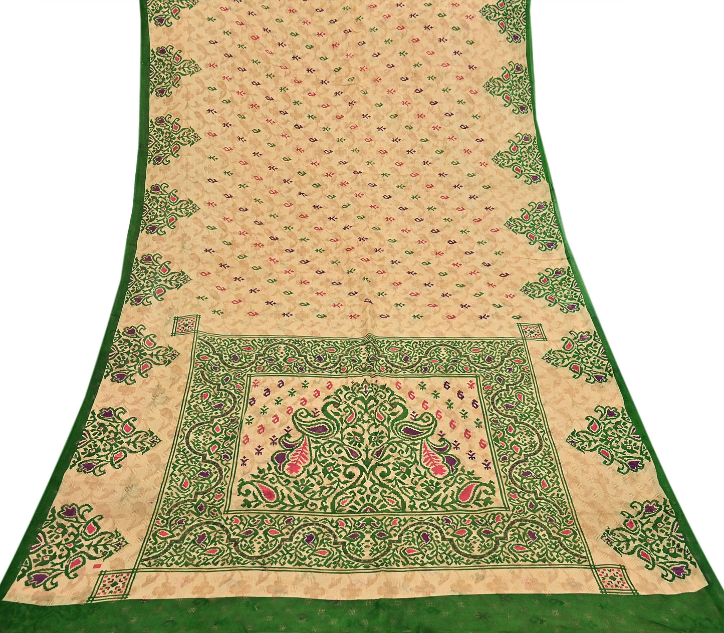 Indian Vintage Sari Beige & Green Pure Cotton Printed Sarees Craft Fabric Soft 5Yd Sarong Wrap Boho Fabric Kimono Quilting Crafting Upcycle