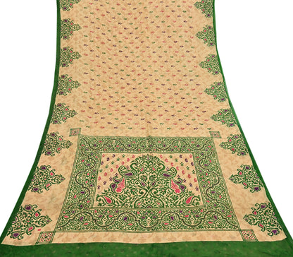 Indian Vintage Sari Beige & Green Pure Cotton Printed Sarees Craft Fabric Soft 5Yd Sarong Wrap Boho Fabric Kimono Quilting Crafting Upcycle
