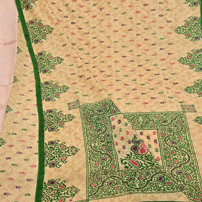 Indian Vintage Sari Beige & Green Pure Cotton Printed Sarees Craft Fabric Soft 5Yd Sarong Wrap Boho Fabric Kimono Quilting Crafting Upcycle
