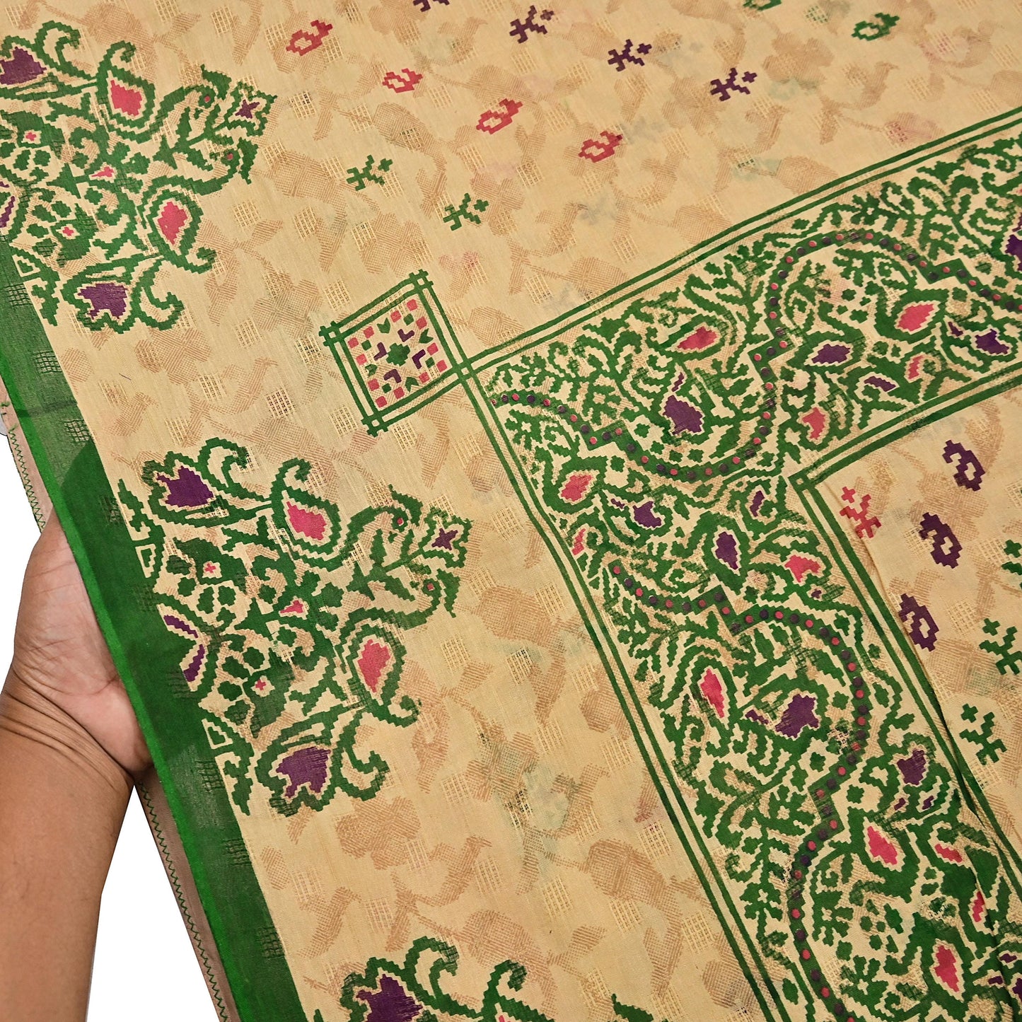 Indian Vintage Sari Beige & Green Pure Cotton Printed Sarees Craft Fabric Soft 5Yd Sarong Wrap Boho Fabric Kimono Quilting Crafting Upcycle