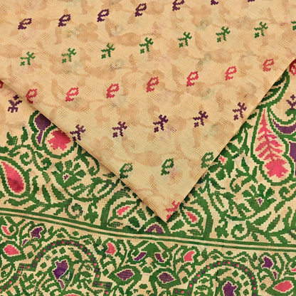 Indian Vintage Sari Beige & Green Pure Cotton Printed Sarees Craft Fabric Soft 5Yd Sarong Wrap Boho Fabric Kimono Quilting Crafting Upcycle