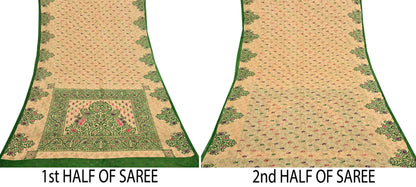 Indian Vintage Sari Beige & Green Pure Cotton Printed Sarees Craft Fabric Soft 5Yd Sarong Wrap Boho Fabric Kimono Quilting Crafting Upcycle