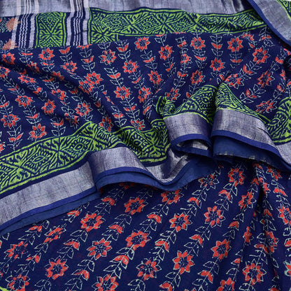 Indian Vintage Sari Blue Woven 100% Pure Cotton Sarees Craft Fabric 6Yd Floral Upcycle Quilting Crafting Dress making Upcycle Boho Wrap