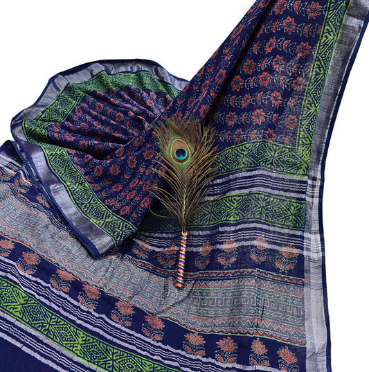 Indian Vintage Sari Blue Woven 100% Pure Cotton Sarees Craft Fabric 6Yd Floral Upcycle Quilting Crafting Dress making Upcycle Boho Wrap