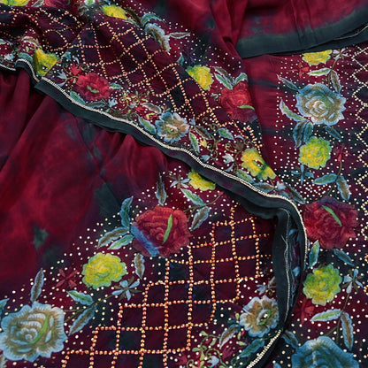 Indian Vintage Saree Maroon & Black Pure Crepe Silk Hand Embroidered Tie-Dye Sari Fabric 6yard Sewing Craft Fabric Ethnic Dressmaking